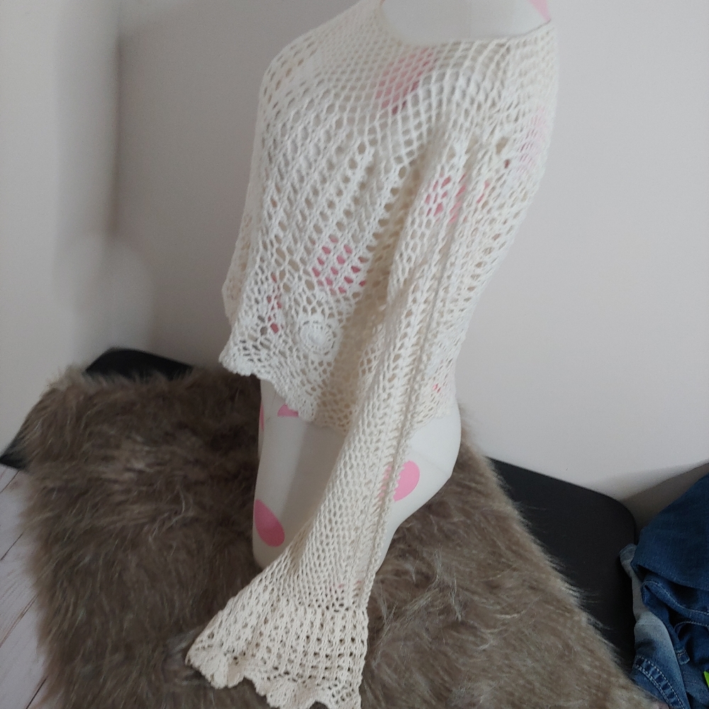 Divided H&M • Boho Cotton Cream Ivory Crop Top Crochet Long Bell Sleeve Medium - Picture 12 of 16